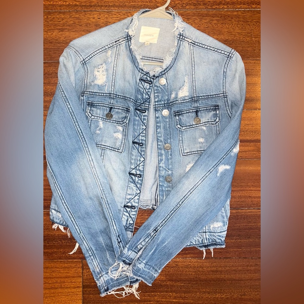 Blue Distressed Jean Jacket with Frayed Hem